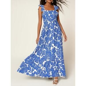 LONDON TIMES Womens Maxi Dress Size 16 Ivory Blue Floral Ruffled Bohemian NEW